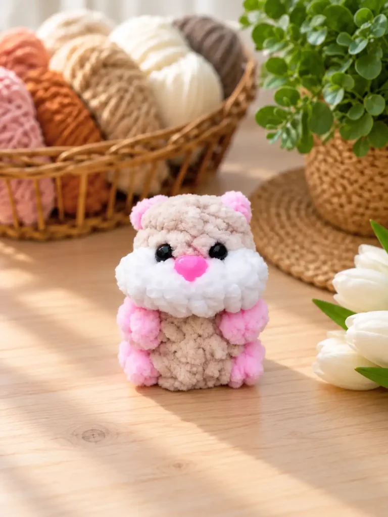 A fluffy toy made from a mini hamster crochet pattern on a wooden desk next to white tulips and a basket of plush yarn.