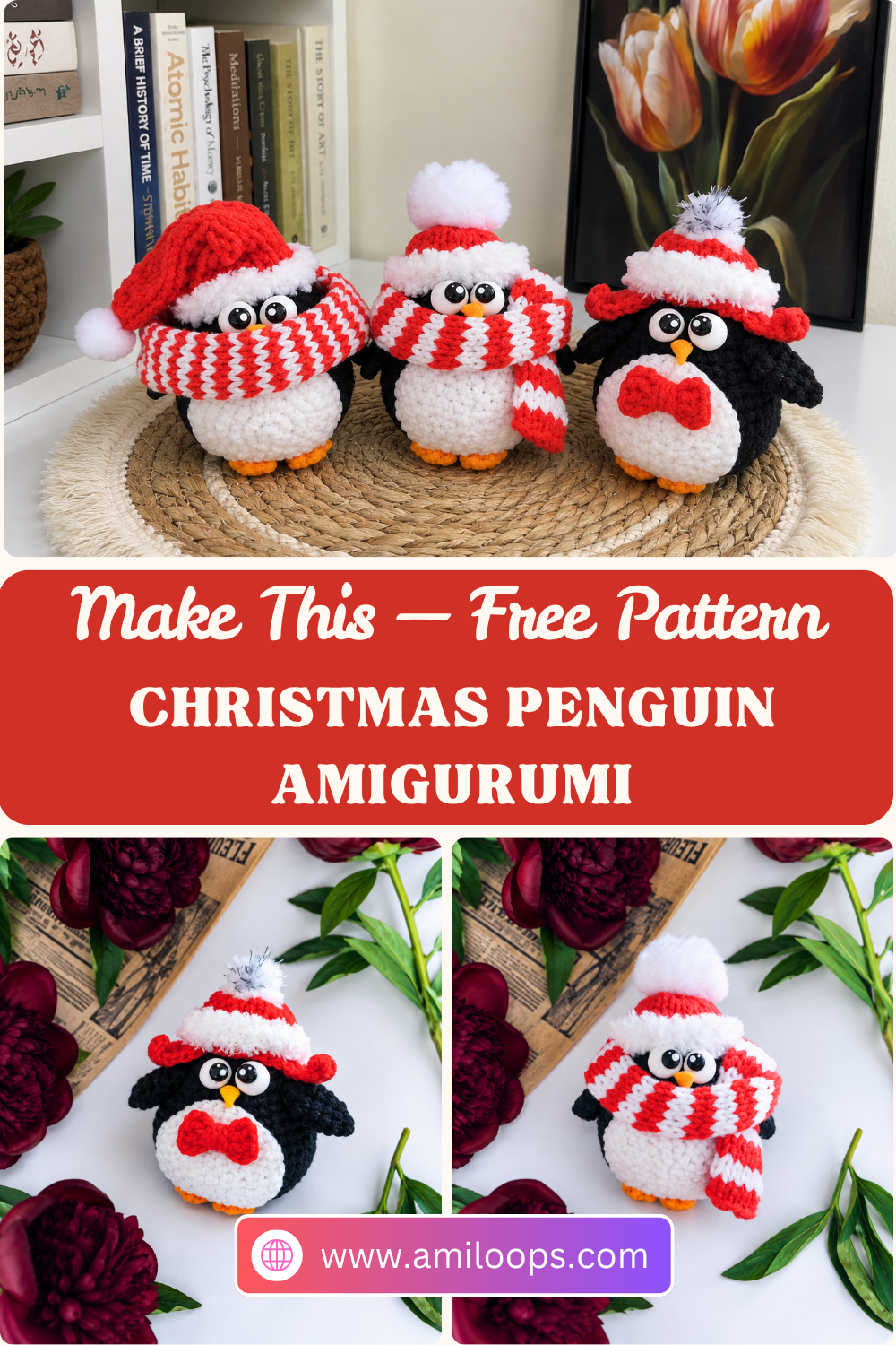 Three amigurumi penguins in red and white knit hats and scarves on a woven mat by a bookshelf, with two close-ups below.