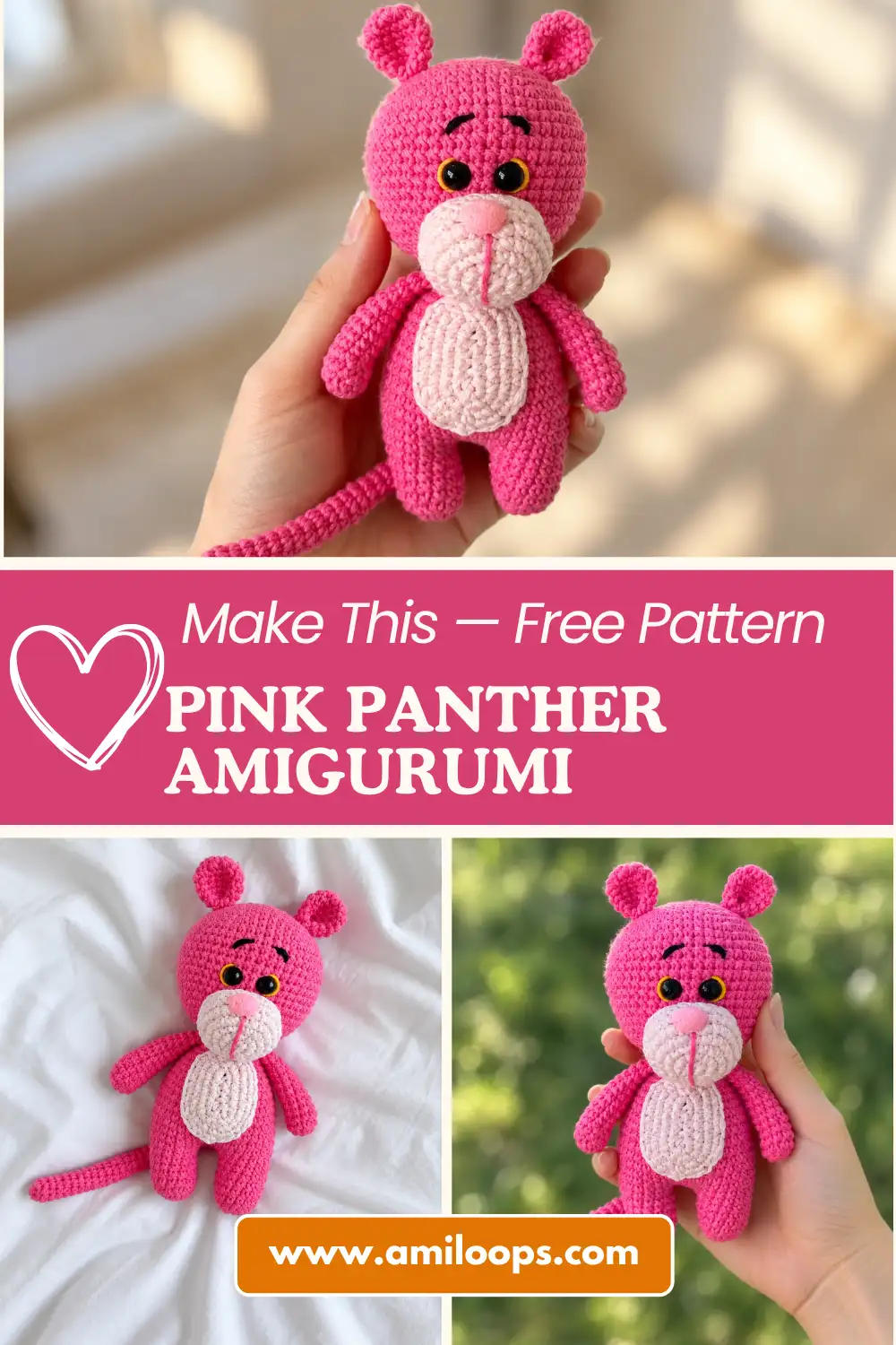Finished bright pink yarn toy from a Pink Panther crochet pattern standing on an outdoor wooden railing, held by a hand.