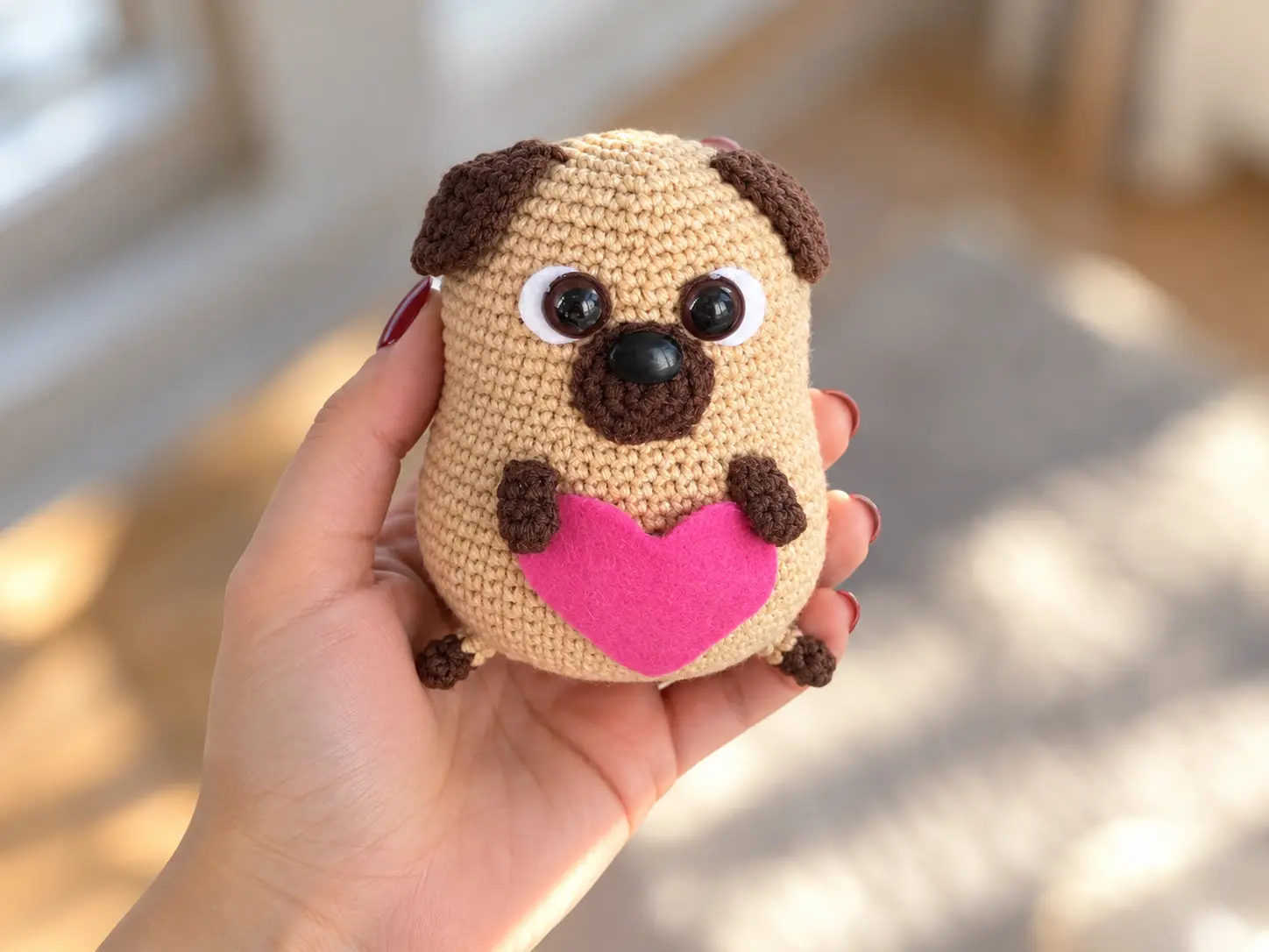 Hand holding a mini crochet pug with a pink felt heart, above two photos of it on a windowsill and a wooden table.