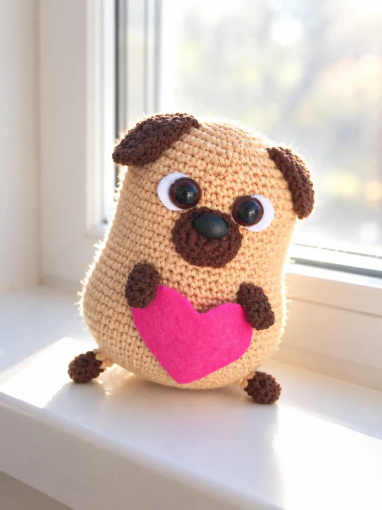 Mini pug crochet pattern toy in beige and brown yarn holding a pink heart, sitting on a sunlit white windowsill.