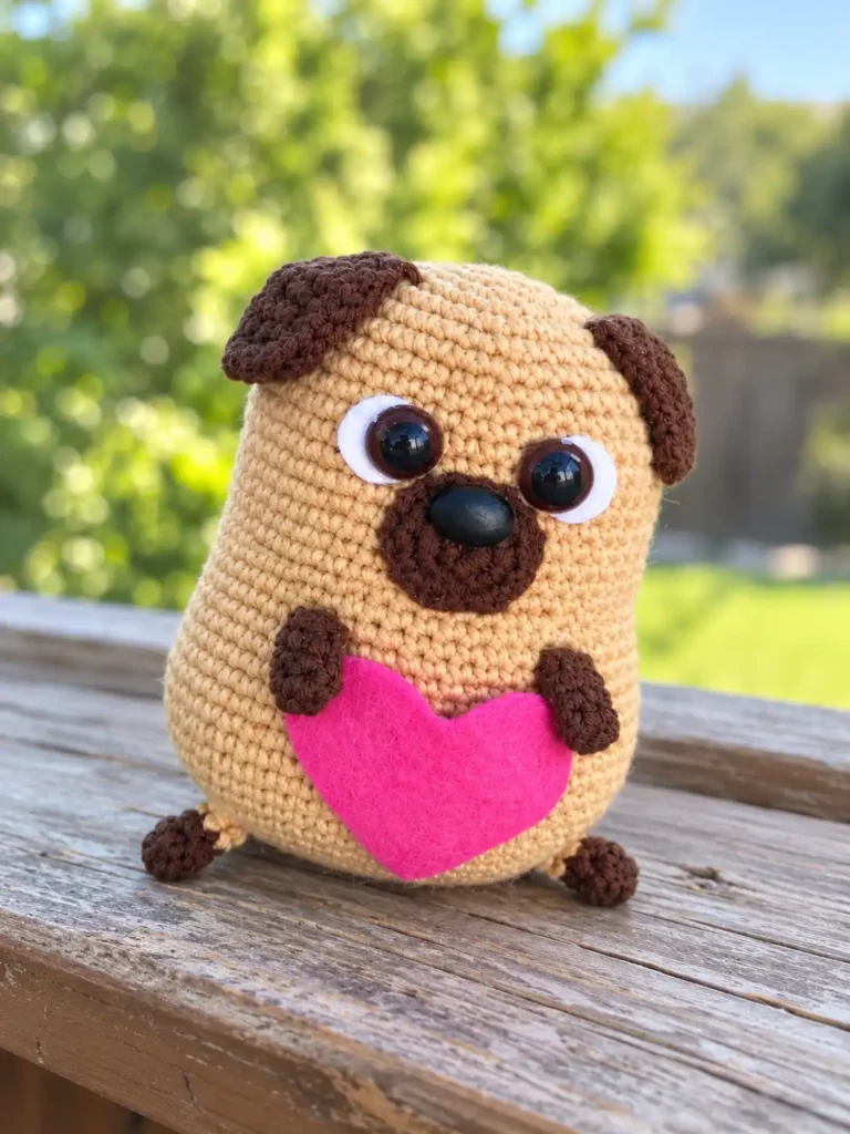 Mini pug crochet pattern amigurumi in beige and brown yarn holding a pink heart, resting on a wooden deck outdoors.