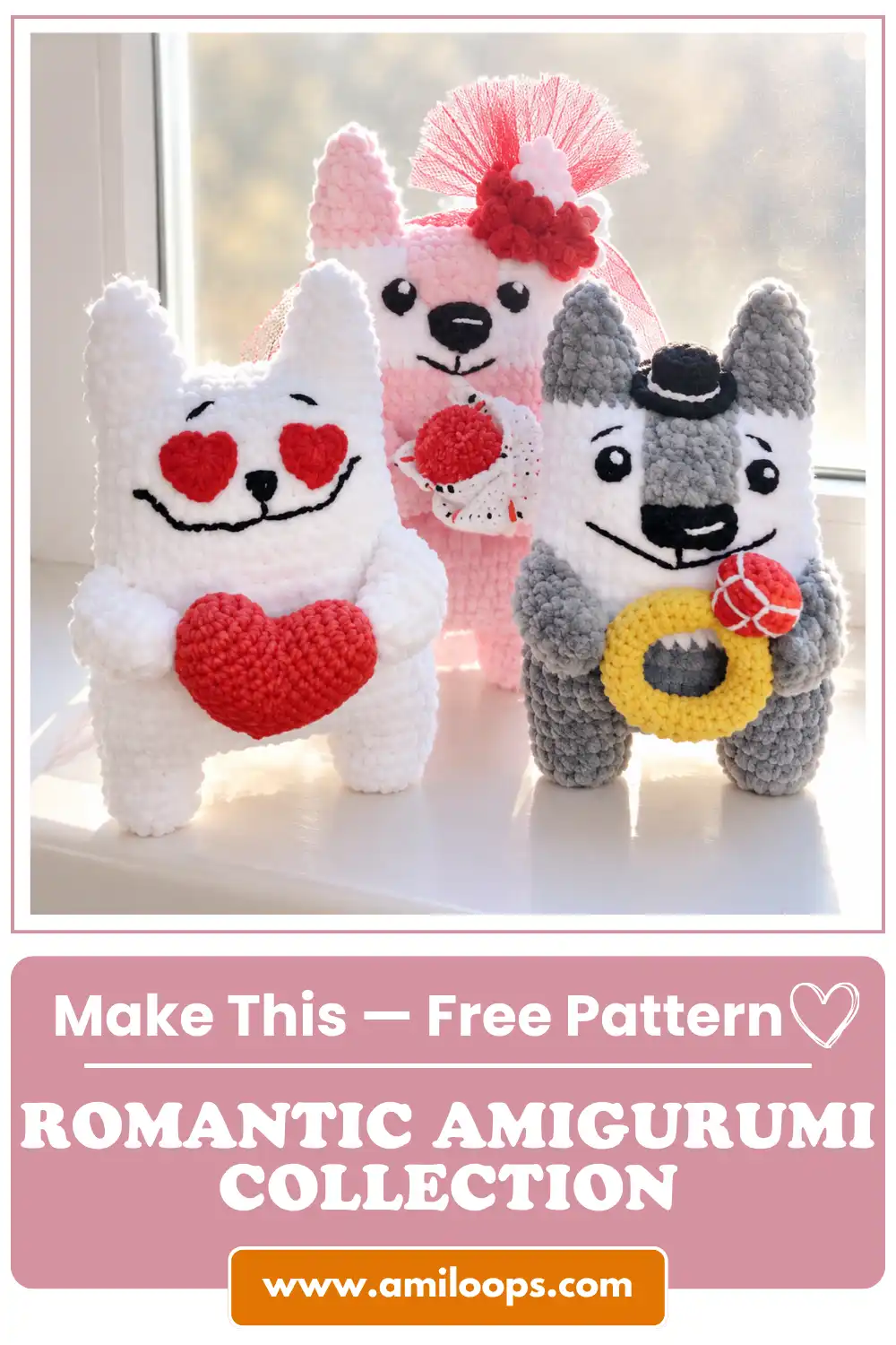 Three plush romantic amigurumi collection characters standing on a sunny windowsill