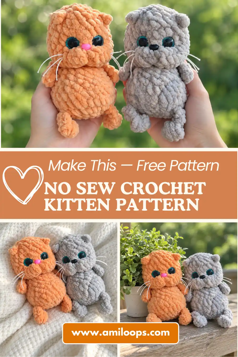 Orange and grey chunky yarn toys from a seamless crochet kitten pattern resting flat on a white fabric background.