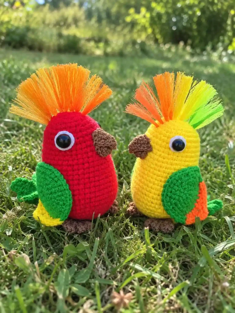 Two handmade amigurumi parrot crochet plush toys in red and yellow sitting on green grass outdoors.