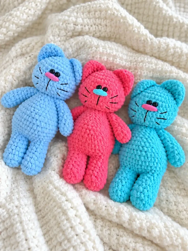 Three chunky yarn plush kittens in blue, pink, and teal lie on a white blanket in this mischievous cat crochet pattern.