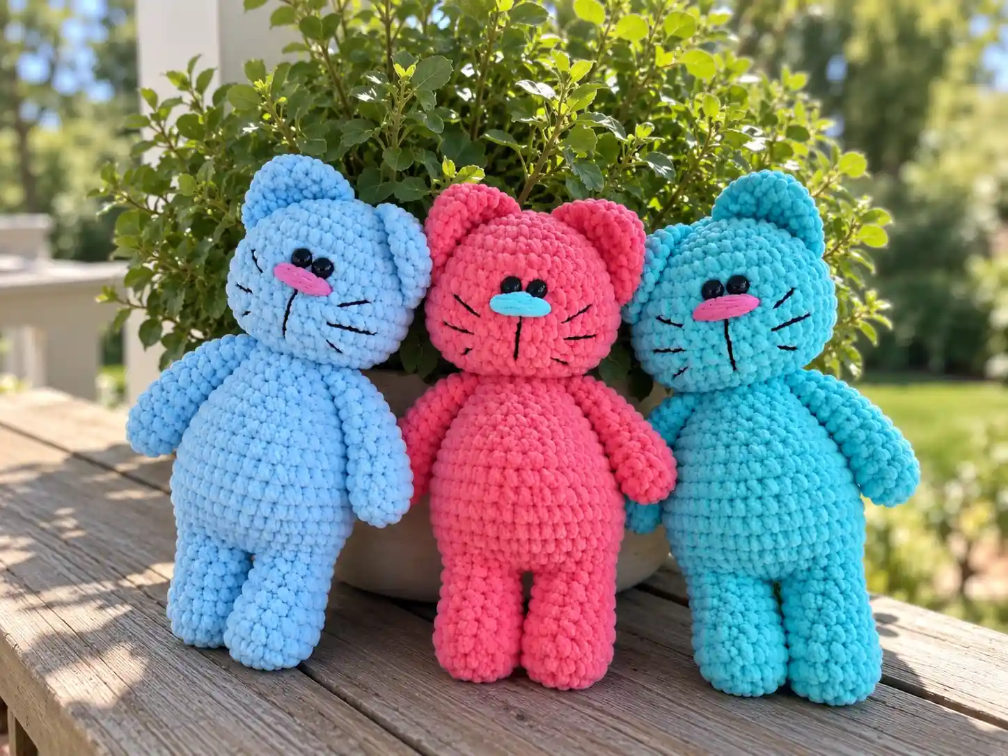 Three chenille yarn cats in blue, pink, and teal sit on wood outdoors in this mischievous cat crochet pattern.