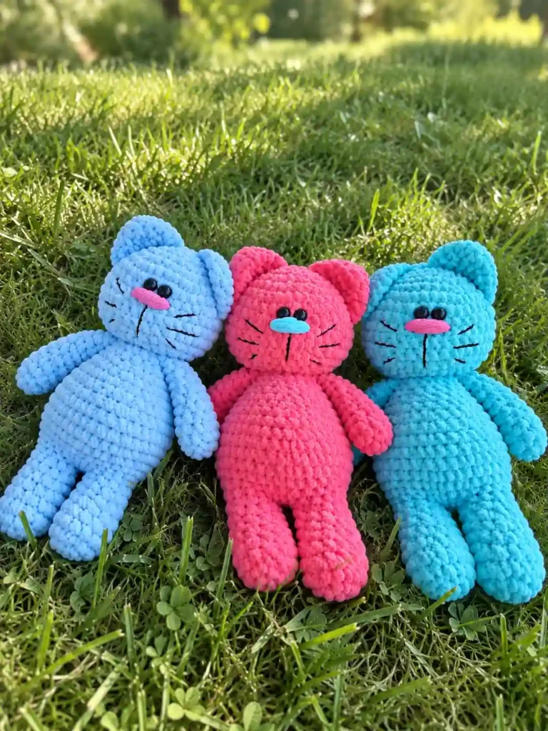 Three chunky yarn kittens in blue, pink, and teal lie flat on green grass in this mischievous cat crochet pattern.