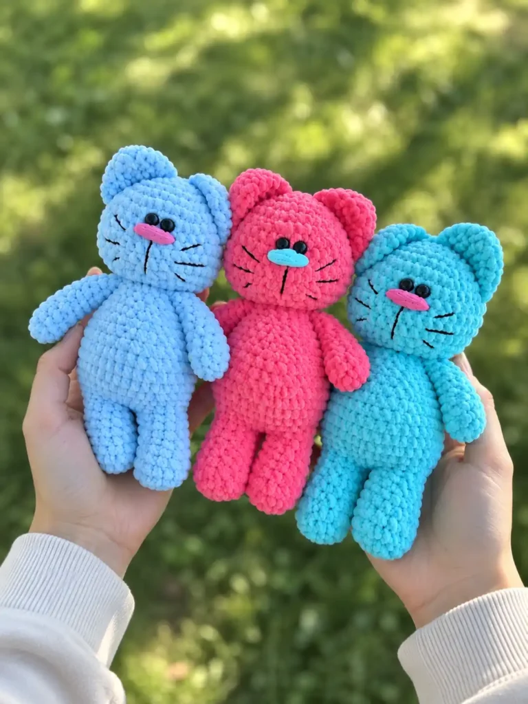 Two hands hold three chunky yarn kittens in blue, pink, and teal outdoors, showcasing this mischievous cat crochet pattern.