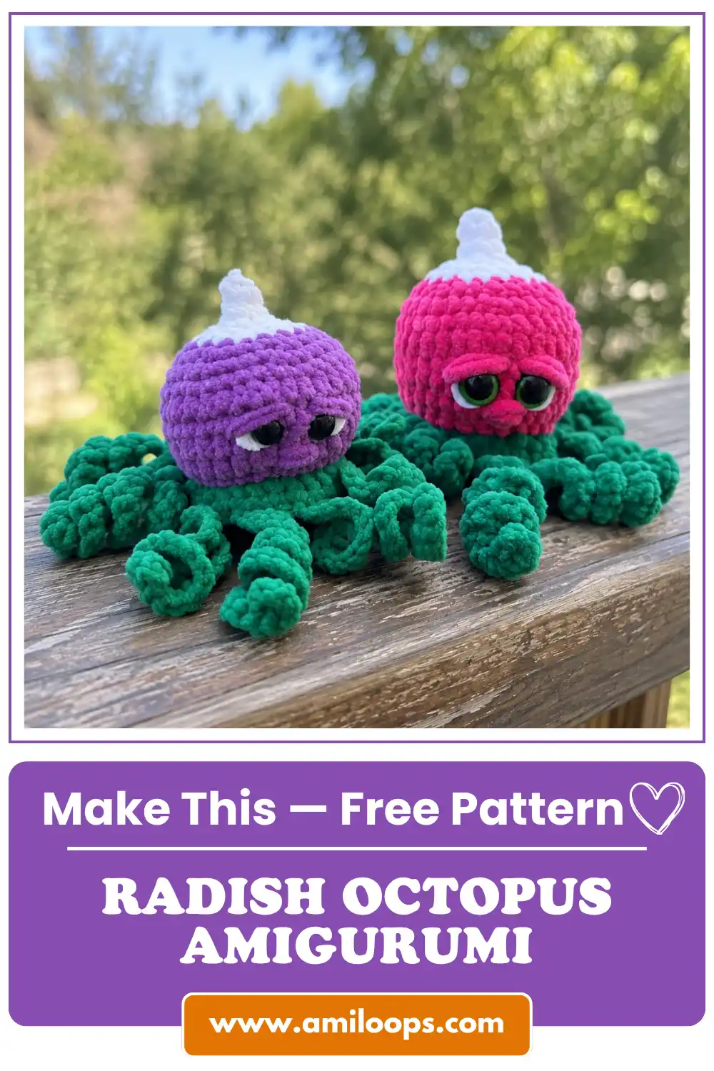 A purple and a pink radish octopus crochet pattern amigurumi in chunky yarn resting on a wooden railing outdoors.