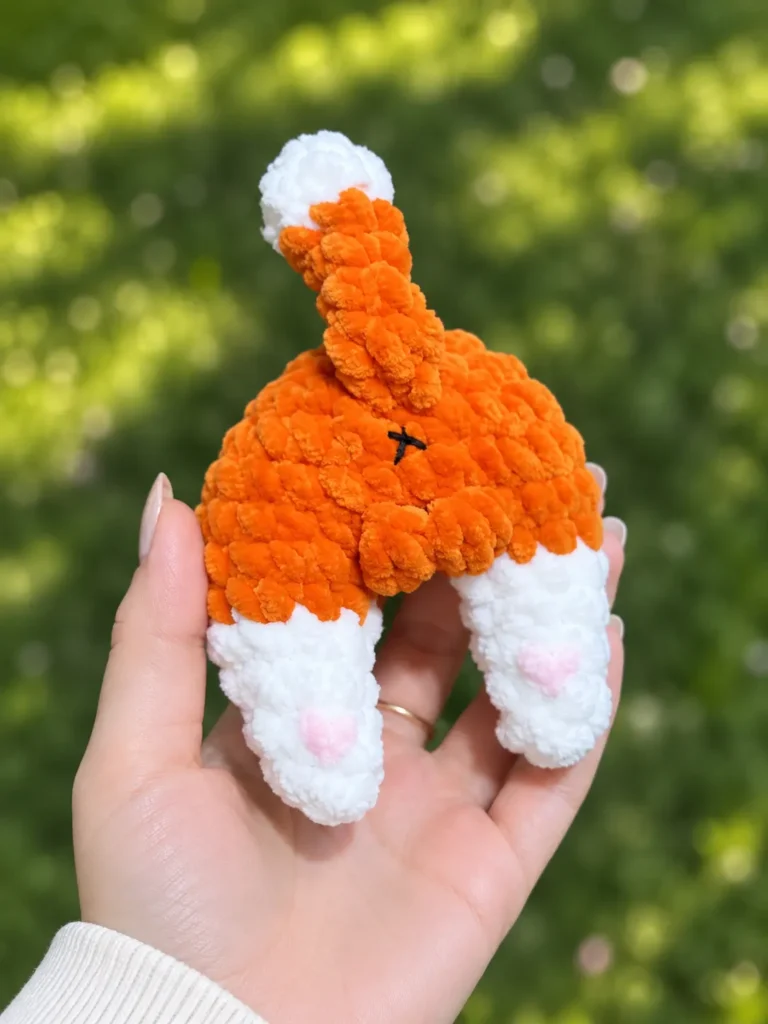 Hand holding an orange and white velvet toy from a cat butt crochet pattern showing pink heart paws against a green backdrop.