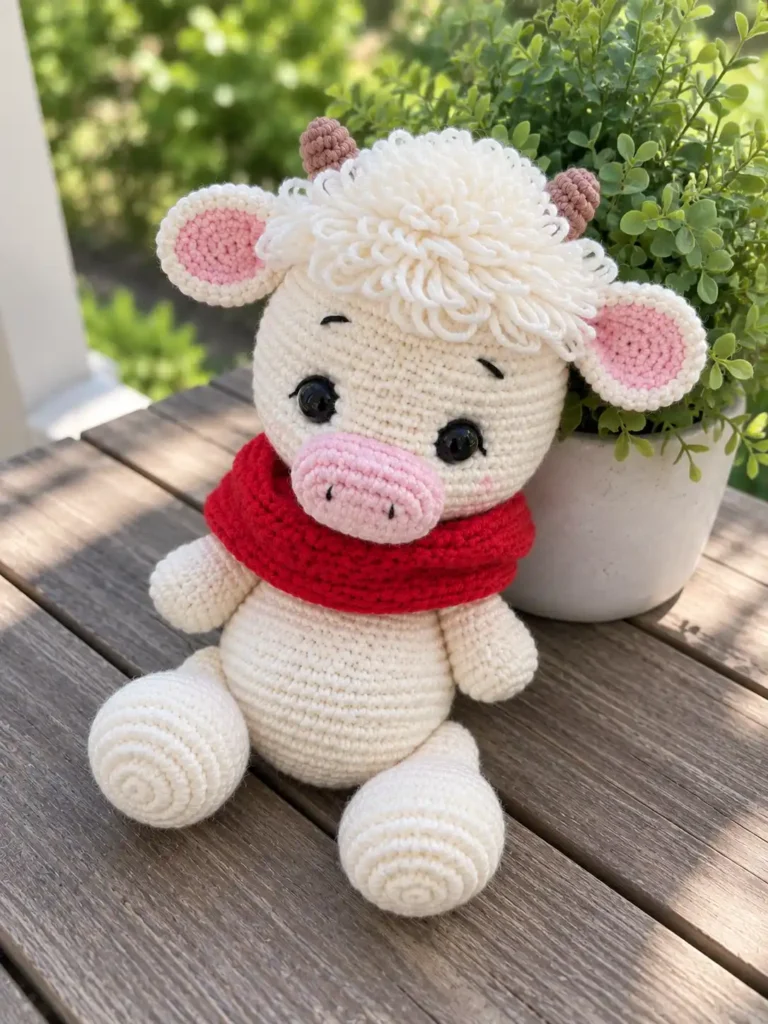 White yarn crochet calf amigurumi pattern with a red scarf sitting on a wooden slatted table next to a green potted plant.