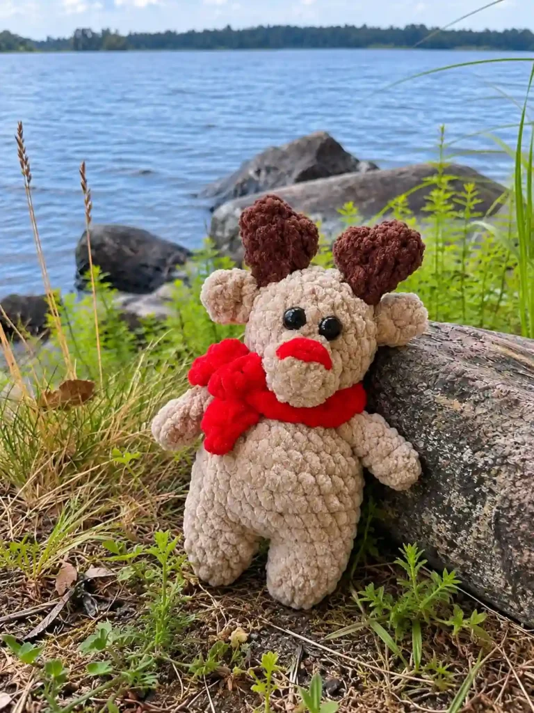 Beige plush toy from a deer in a scarf crochet pattern sitting against a log by a blue lake with a red yarn scarf.