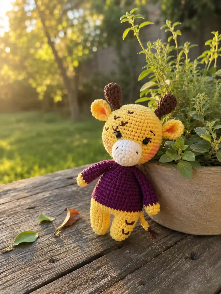 Yellow amigurumi toy from our giraffe crochet pattern leaning against a potted green plant on a rustic wooden table outdoors.