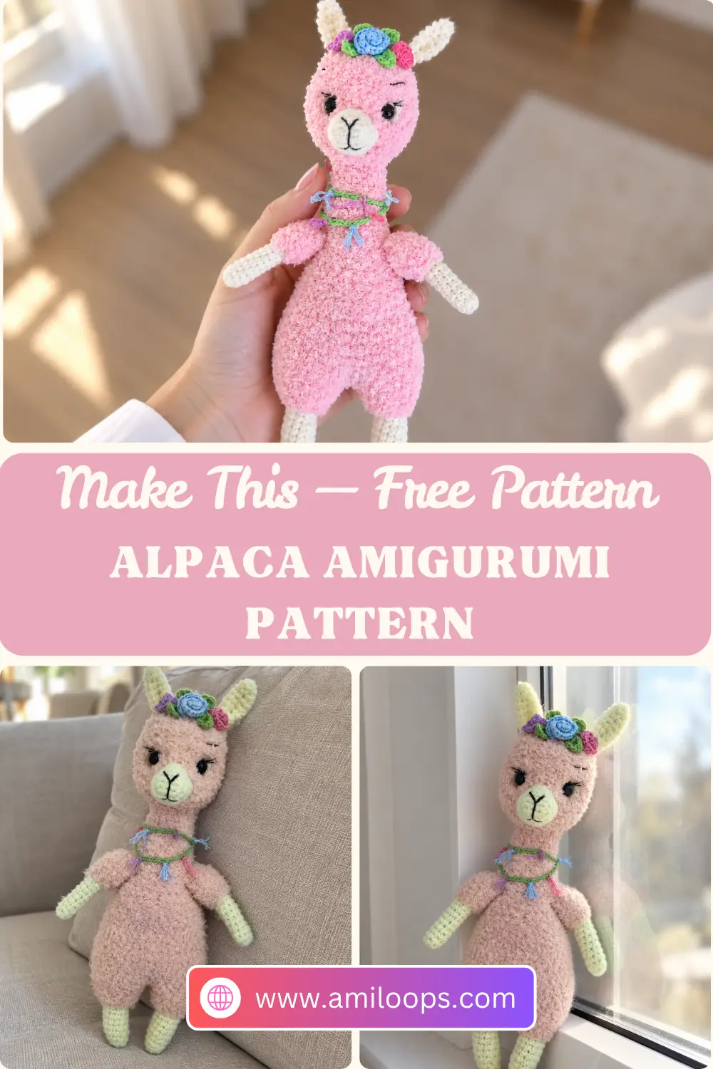 Peach toy with green limbs from this alpaca amigurumi pattern, wearing a flower crown and resting against a beige couch.