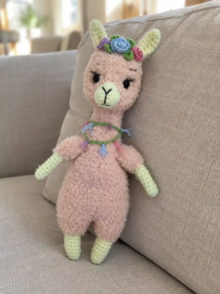 Peach fluffy toy from this alpaca amigurumi pattern, with green legs and flower crown, leaning on a beige couch cushion.