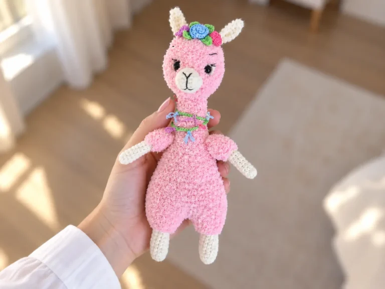 Hand holding a pink fluffy toy from this alpaca amigurumi pattern, with white legs and a flower crown in a bright room.