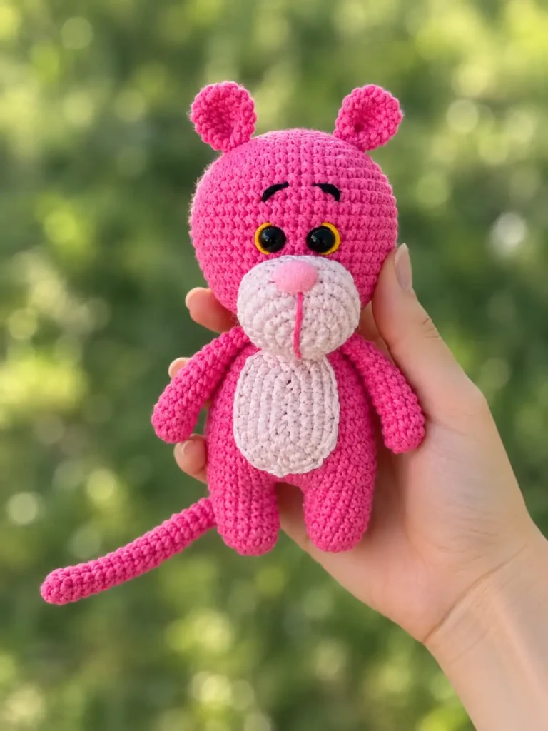 Hand holding a bright pink yarn toy from a Pink Panther crochet pattern against a blurred green outdoor nature background.