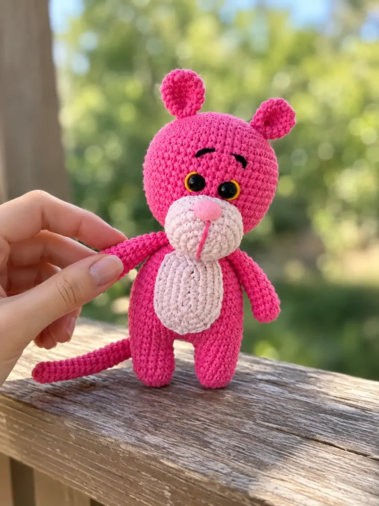 Finished bright pink toy from a Pink Panther crochet pattern standing on an outdoor wooden railing, held by a hand.