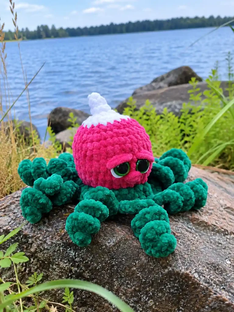 A pink radish octopus crochet pattern toy made from chunky yarn resting on a rock beside a scenic blue lake.