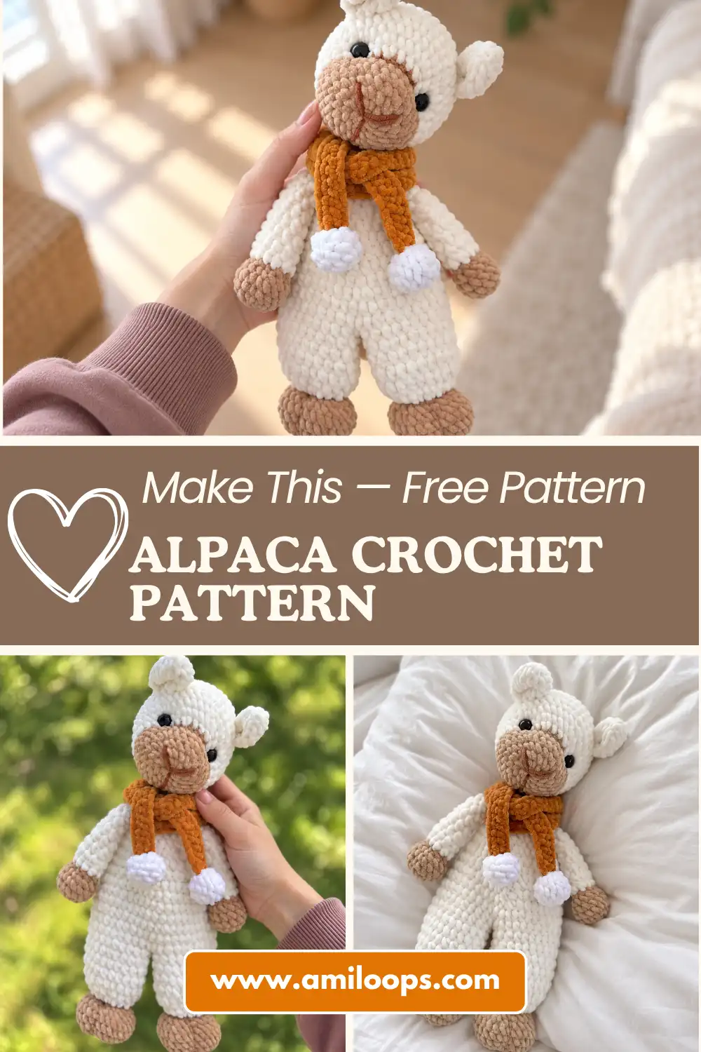 Hand touching a soft white and brown alpaca crochet pattern amigurumi with an orange scarf on a beige sofa.