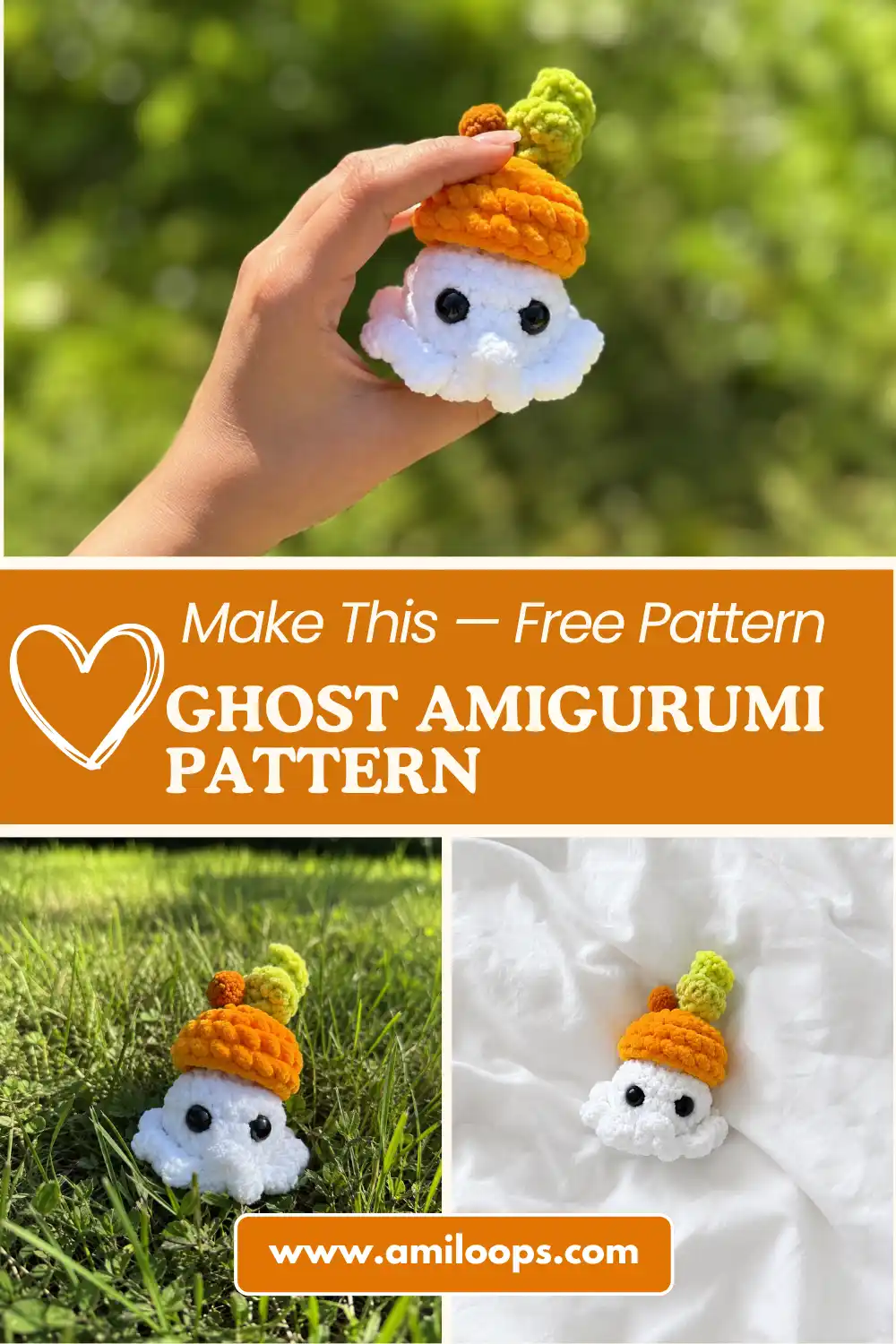 A white plush yarn toy made from a ghost amigurumi pattern, wearing an orange hat and sitting on a beige couch.
