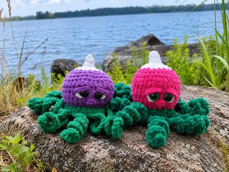 Purple and pink radish octopus crochet pattern toys in chunky yarn sitting on a rock beside a scenic blue lake.