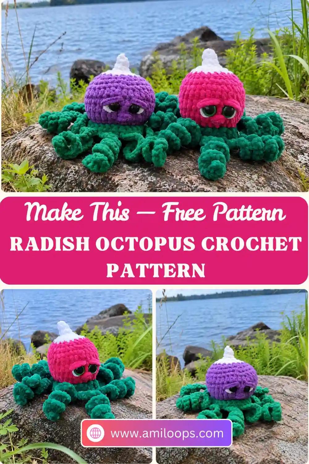A purple and a pink radish octopus crochet pattern amigurumi in chunky yarn resting on a wooden railing outdoors.