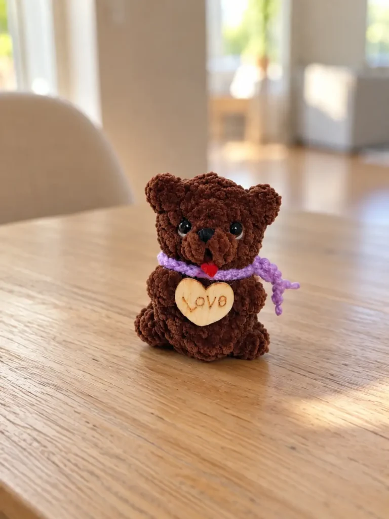 Brown mini bobble bear crochet pattern with a purple scarf and wooden heart sitting on a light wooden indoor dining table.