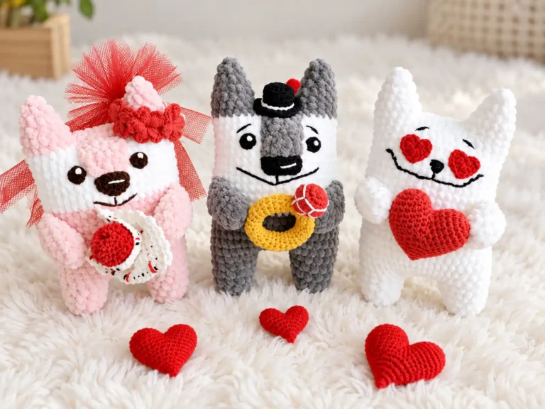 Three chenille crochet animals in pink, grey and white with small red crochet hearts on a fluffy rug.