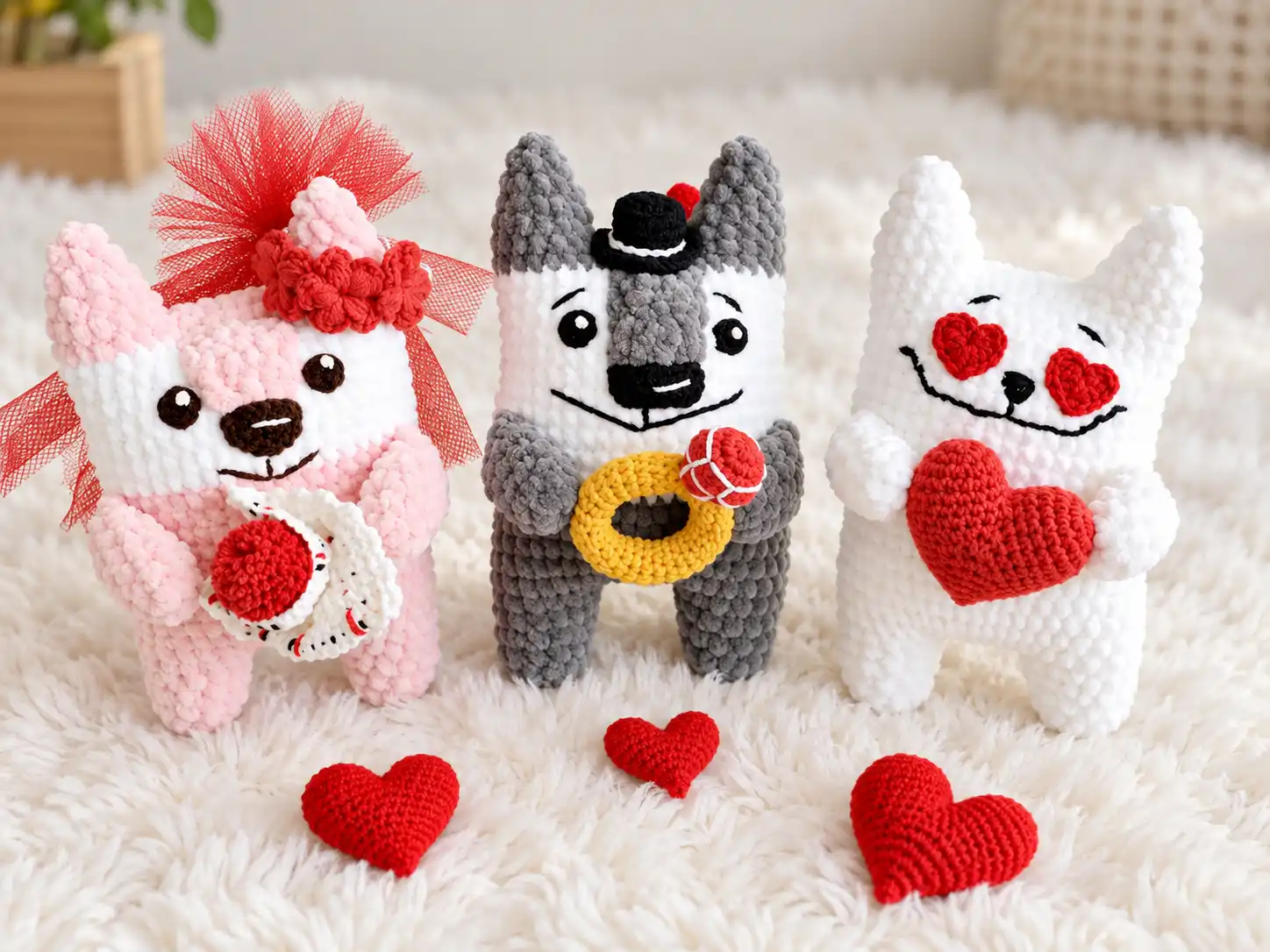 Three chenille crochet animals in pink, grey and white with small red crochet hearts on a fluffy rug.