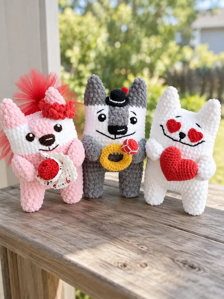 Romantic amigurumi collection plush animals with wedding accessories outdoors