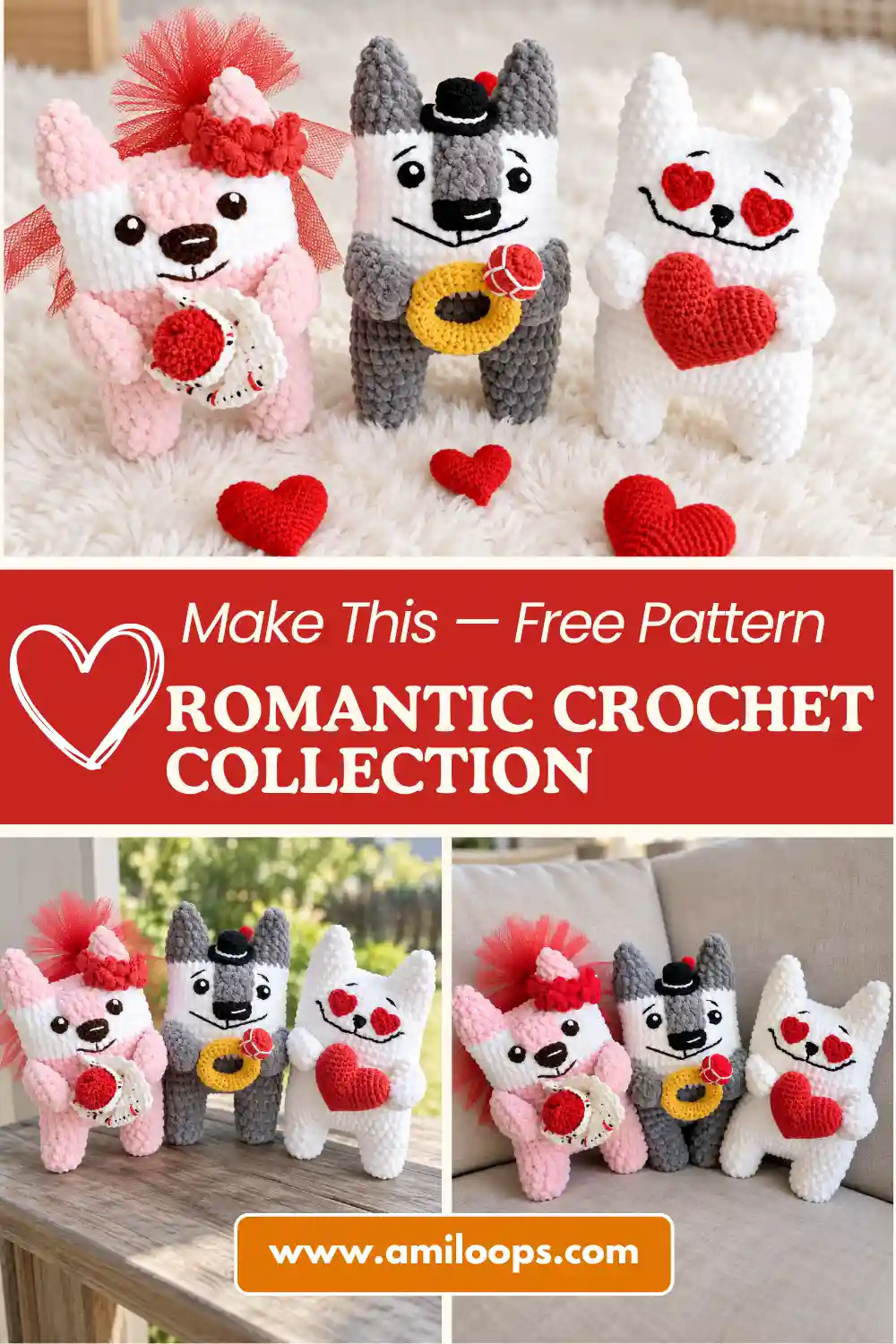 Three plush romantic amigurumi collection characters standing on a sunny windowsill