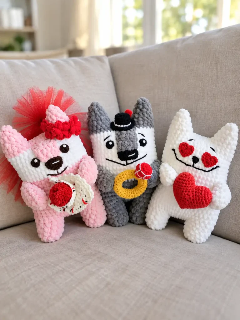 Romantic amigurumi collection plush fox, wolf, and cat sitting on a beige couch