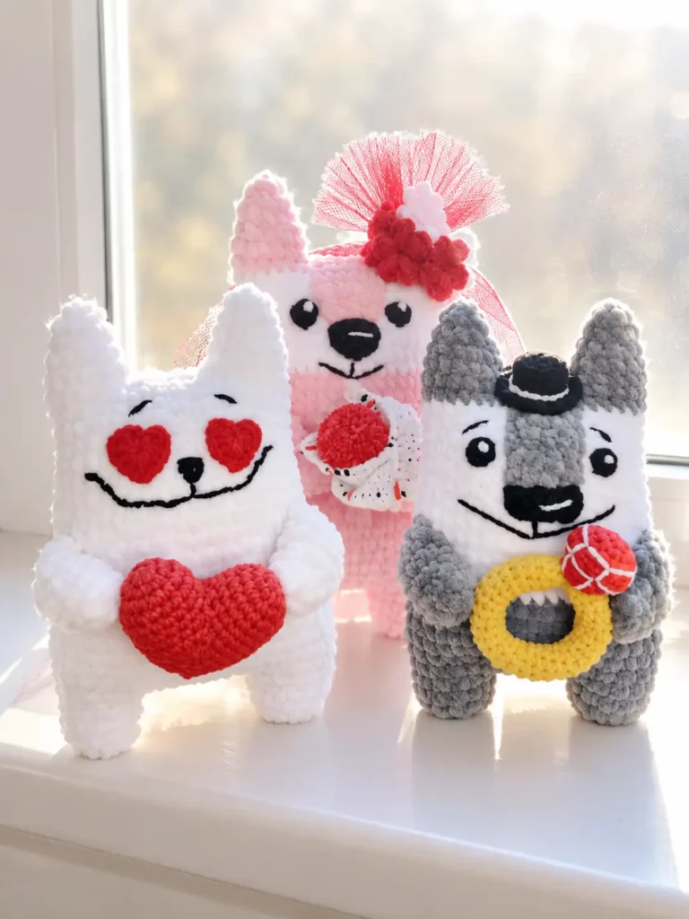 Sunlit romantic amigurumi collection plush toys standing on a bright windowsill