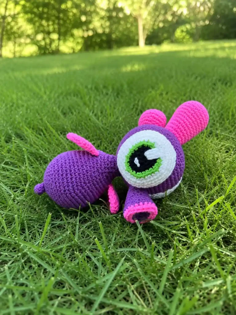 Purple and pink sea horse amigurumi pattern plush toy resting on bright green lawn grass outside.