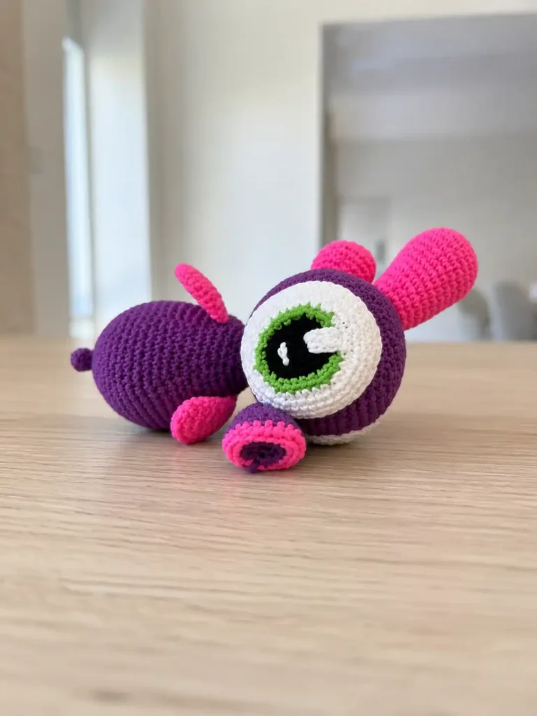 Purple and pink sea horse amigurumi pattern toy resting on a light wooden table indoors.