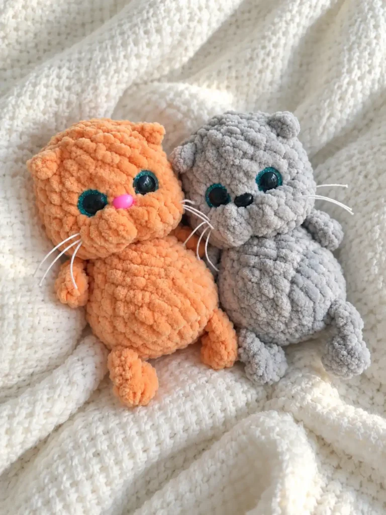 Two completed toys from a seamless crochet kitten pattern resting on a cozy, textured white knit blanket.