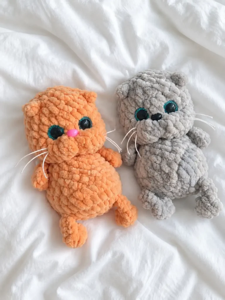 Orange and grey chunky yarn toys from a seamless crochet kitten pattern lying flat on smooth white fabric.