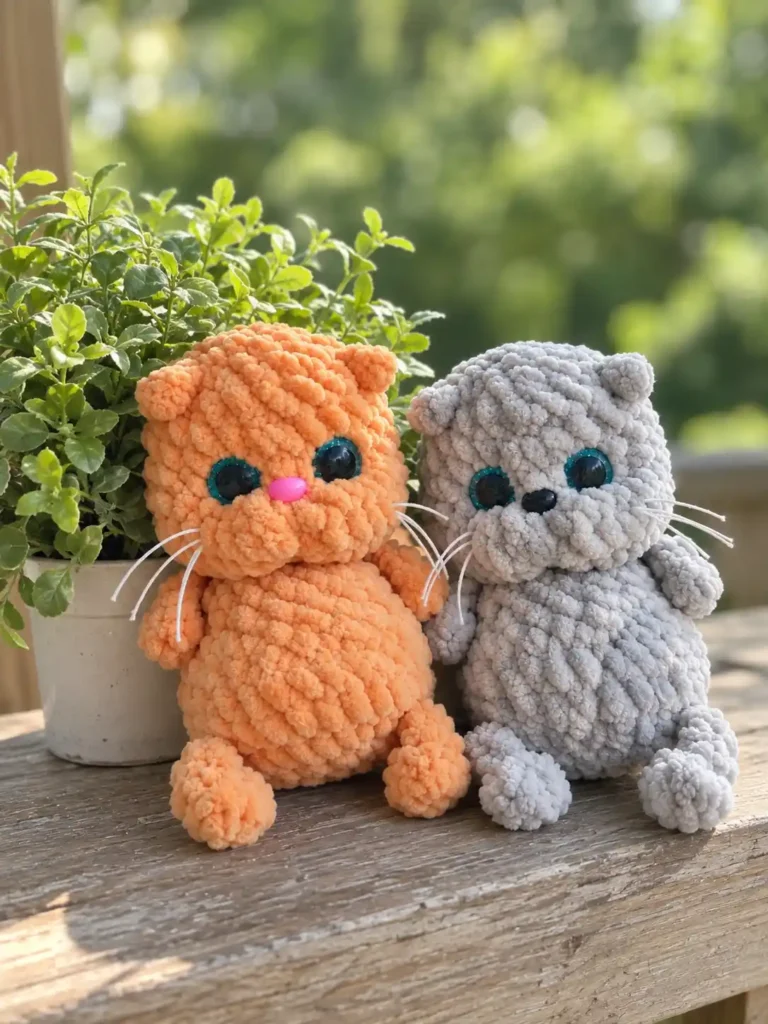 Orange and grey plush toys from a seamless crochet kitten pattern sitting on a wooden table beside a green potted plant.