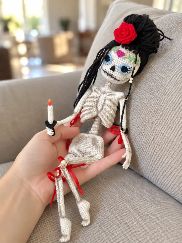 Hand displaying a white yarn skeleton doll crochet pattern with red ribbons and black hair, against a blurred grey couch.