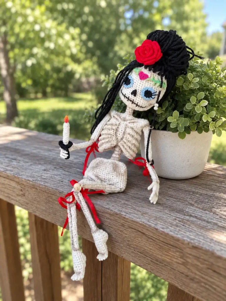 White yarn skeleton doll crochet pattern sitting on a wooden outdoor deck railing next to a green potted plant in sunlight.