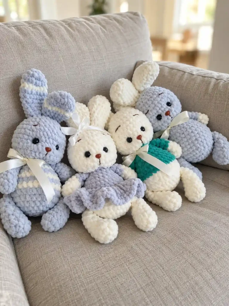 Four handmade chunky plush toys sitting on a grey sofa, highlighting the teal bunny in a sweater crochet pattern.