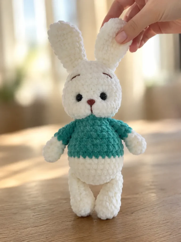 Hand holding a white plush toy from our bunny in a sweater crochet pattern, featuring a teal sweater on a wooden table.