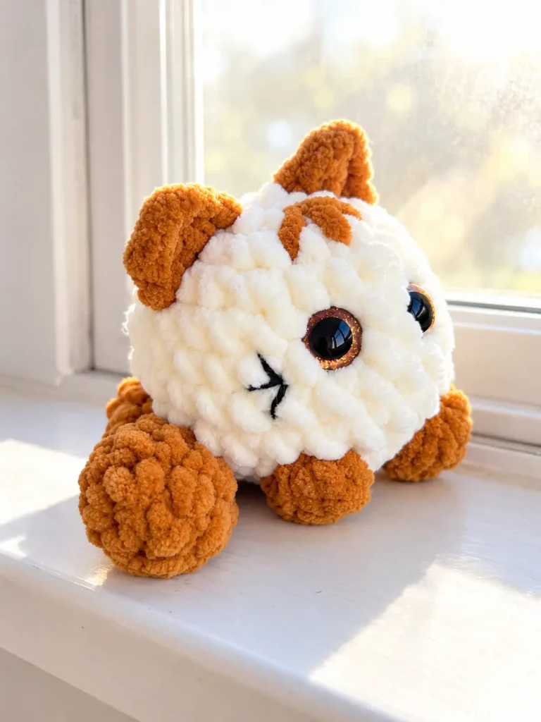 A white and brown chunky yarn kitten amigurumi pattern resting on a bright white windowsill bathed in warm sunlight.