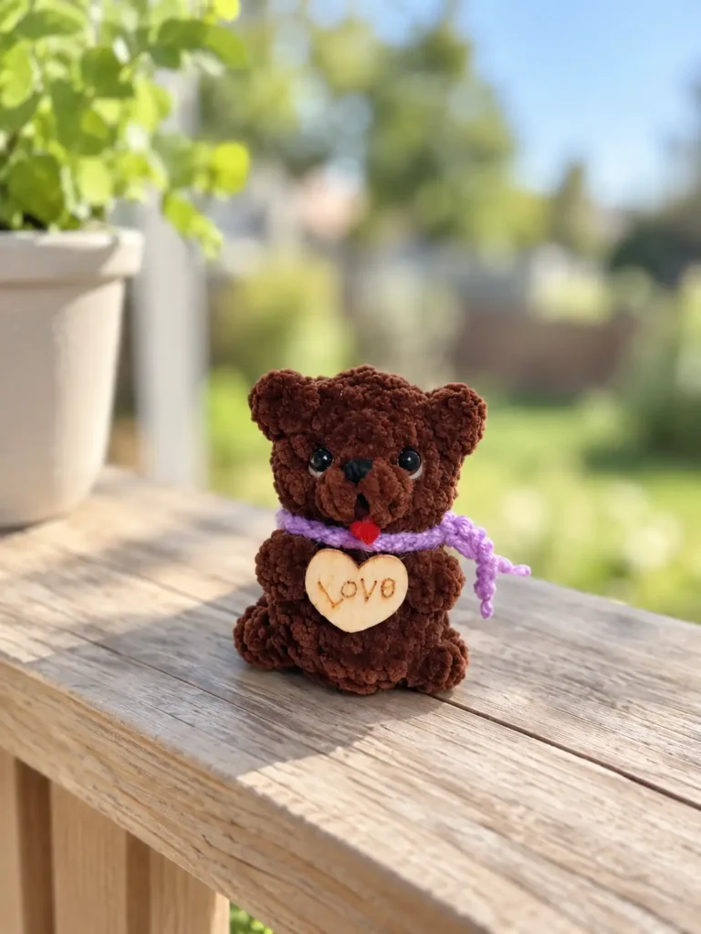 Small brown yarn mini bobble bear crochet pattern with a purple scarf and wooden heart resting on a sunny outdoor wooden rail.