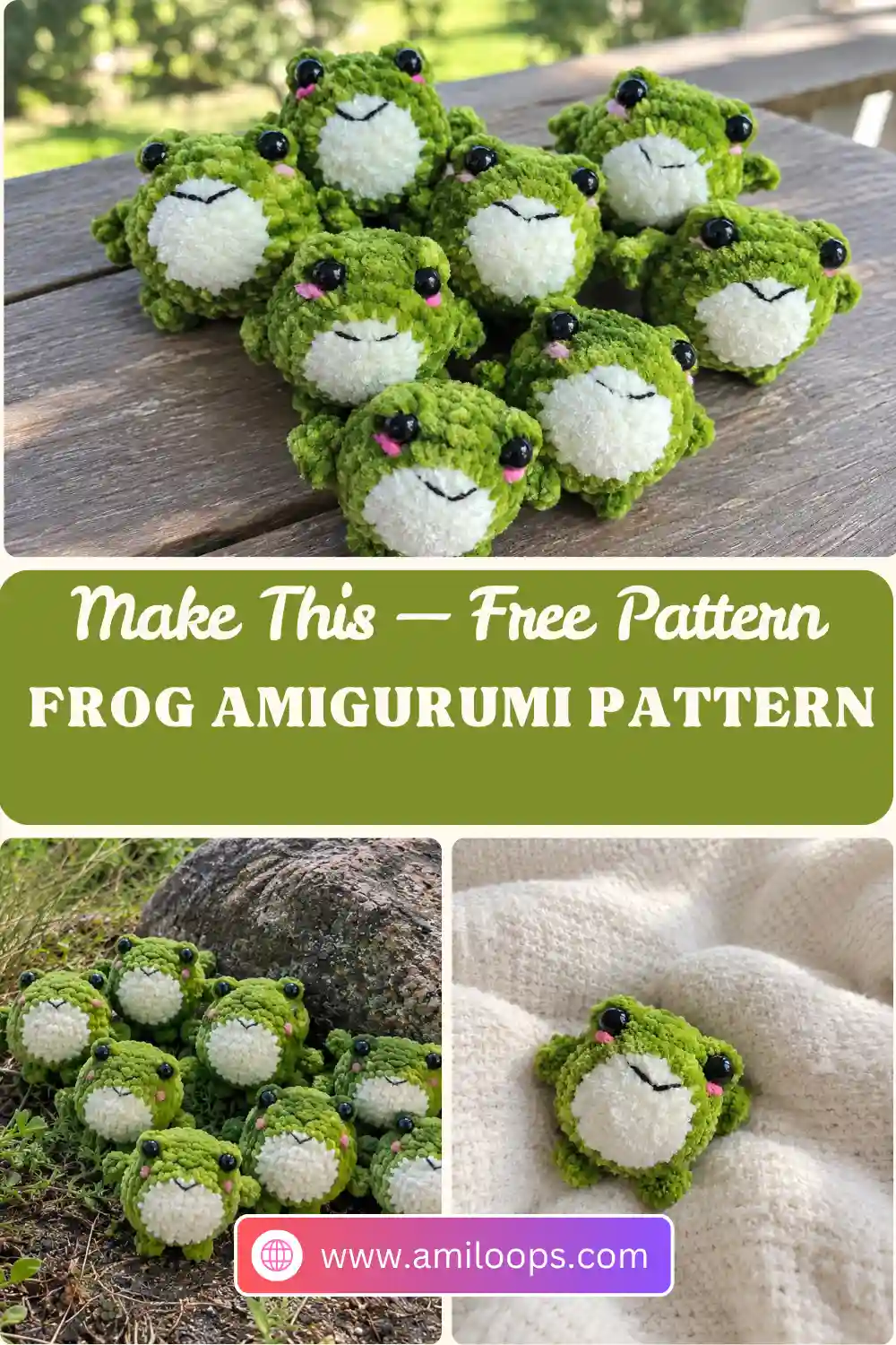 Several green and white crochet velour frog amigurumi toys outdoors near a large rock and lake.