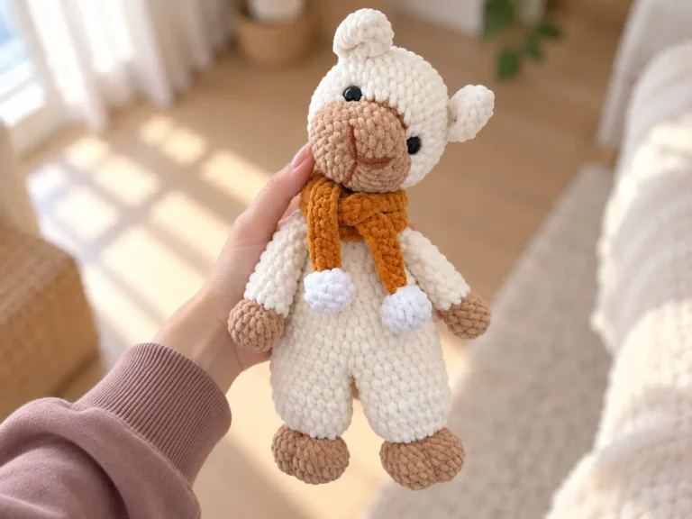 Three photos of a cream and tan crochet alpaca amigurumi with an orange scarf, shown indoors, outdoors, and on a bed.