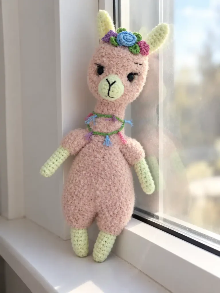 Peach and green toy from this alpaca amigurumi pattern standing on a bright white windowsill next to the glass.