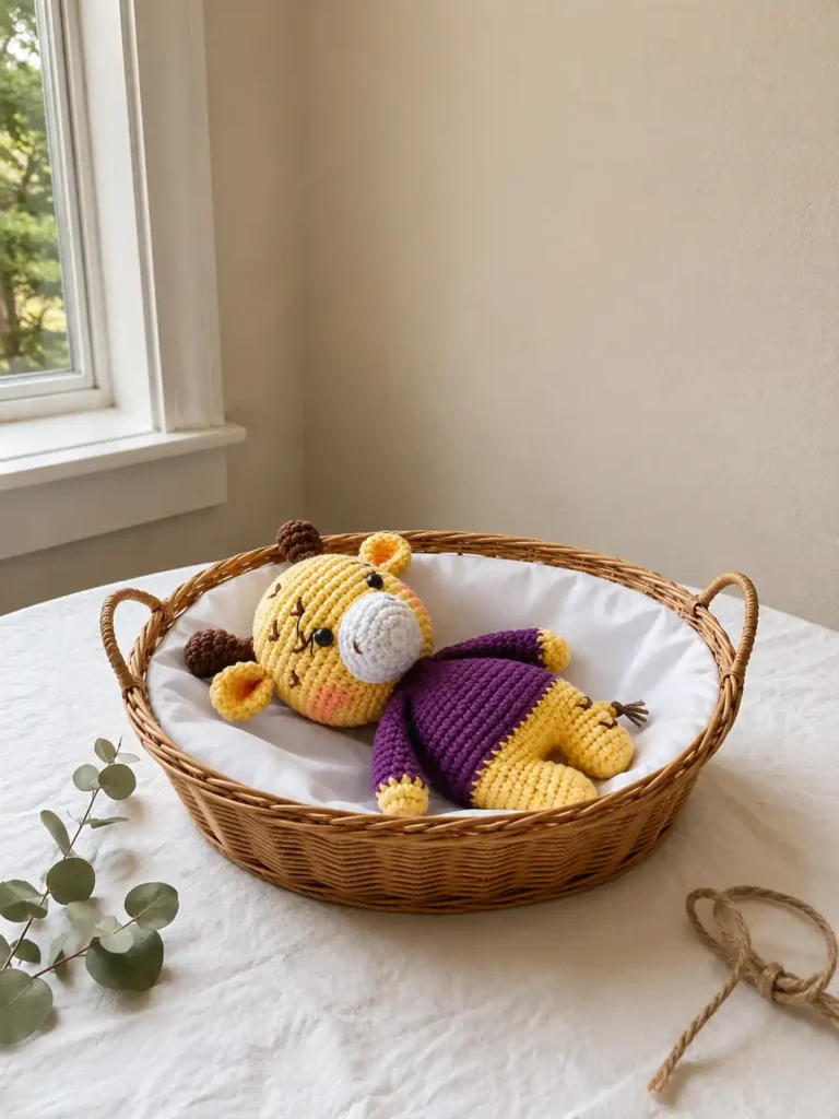 Finished giraffe crochet pattern amigurumi toy with a purple sweater lying inside a white-lined wicker basket near a window.